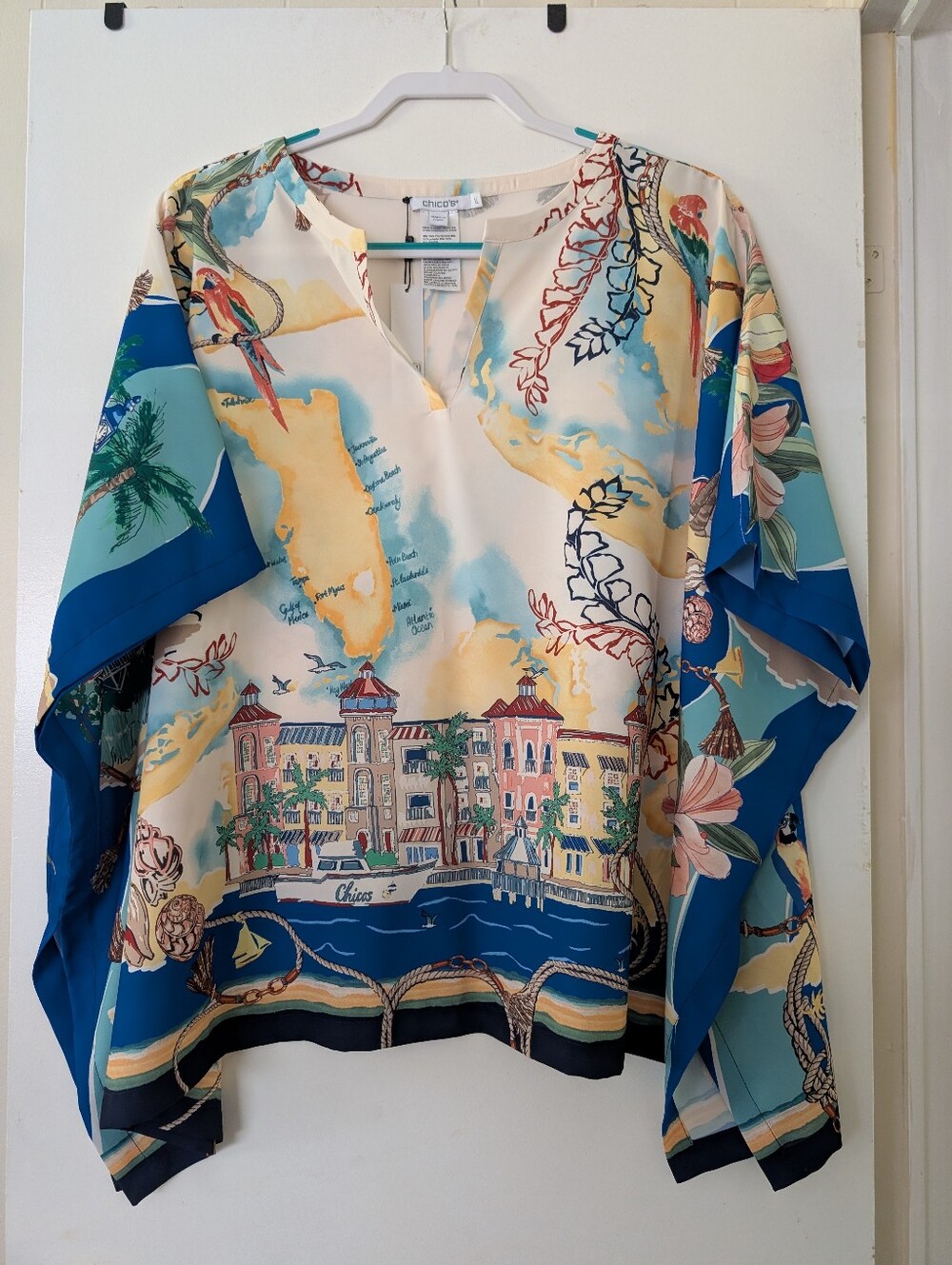 Chicos Scenic Coastal Print Flutter Sleeve Blouse/Poncho